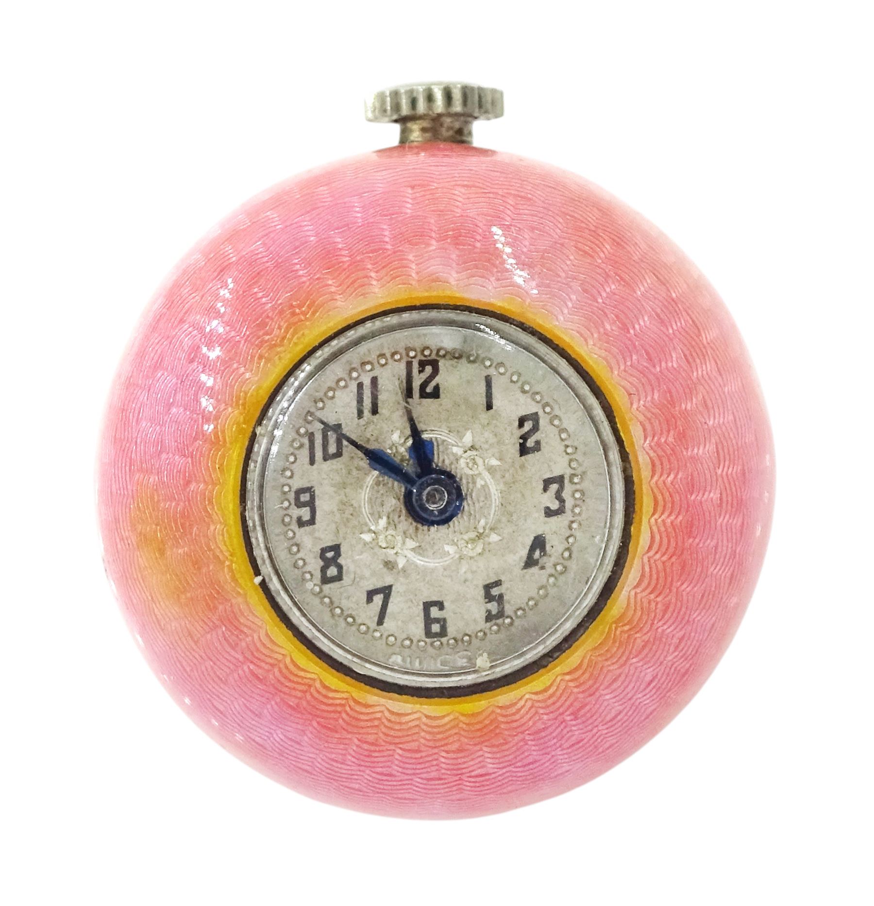 Early 20th century ladies keyless cylinder ball watch, silvered dial with Arabic hour markers and pink guilloche enamel decoration