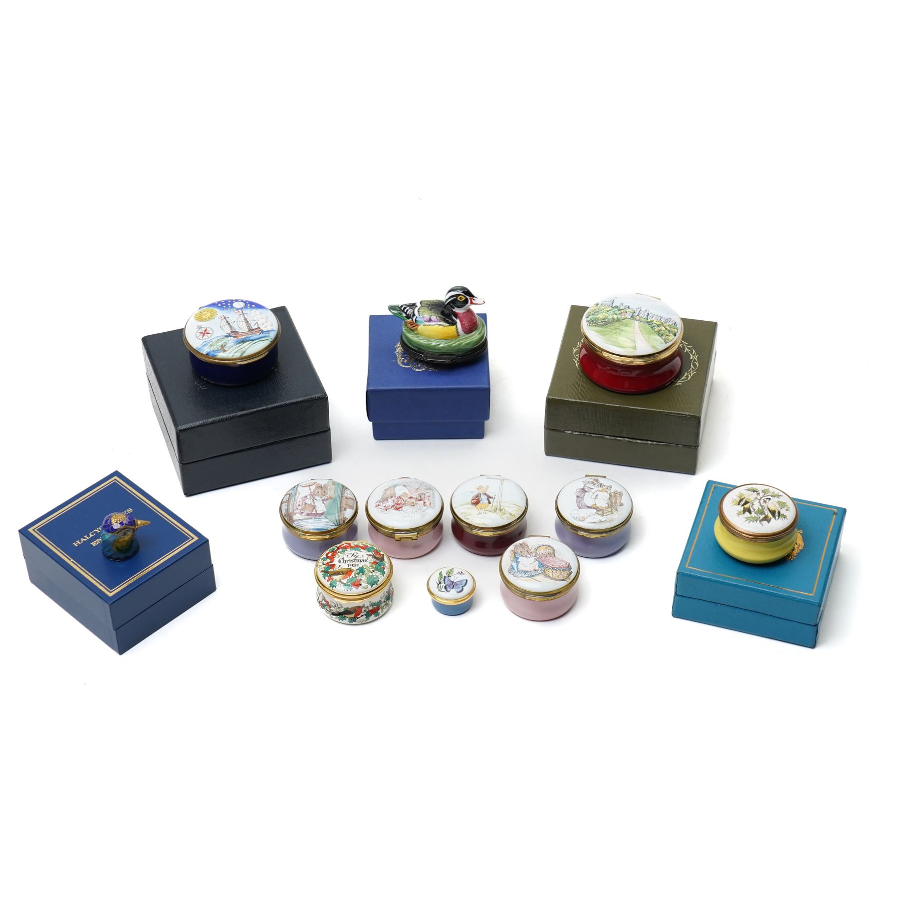 Five Crummles & Co Beatrix Potter enamel boxes, Thomas Goode Royal House of Windsor limited edition enamel box 83/500, boxed, Halcyon enamel box in the shape of a duck and five other enamel boxes (12)