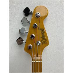 Richwood electric bass guitar in blue, cream and natural finish L117cm; in Fender soft carrying case; together with Behringer Thunderbird Bx108 amplifier date code 0 4 11.