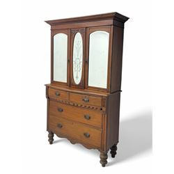 Victorian walnut dresser, projecting cornice over mirrored front, fitted with two short over two long drawers, on turned feet
