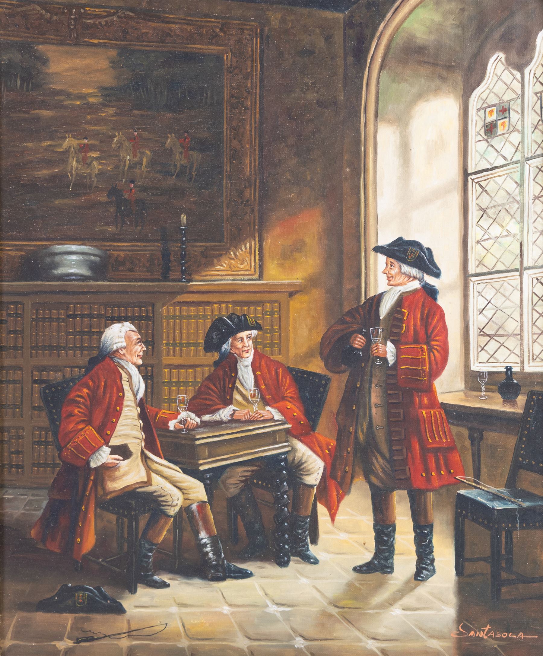 Continental School (20th Century): Three Gentleman in an Interior, oil on canvas signed 'Santasola' 60cm x 49cm