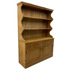 Traditional pine dresser, fitted with two drawers and two cupboards, two heights plate rack