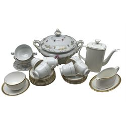 Set of six Royal Worcester Viceroy pattern trios and sugar bowl, matching Royal Doulton Gold Concord coffee pot, Royal Gold saucer and a Royal Crown Derby Tiepolo sauceboat and stand,  large German porcelain tureen and a pair of soup bowls and stands and a black painted spelter model of a Horse on oval base, After Jules Moigniez, inscribed signature H21cm 