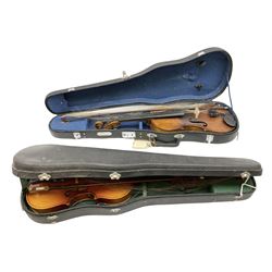 Two cased Skylark violins with bows, largest violin L59cm 
