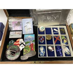 Collection of enamel plaques and jewellery, including pendants, earrings and cufflinks, together with boxes decorated with enamel plaques