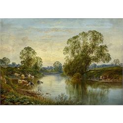 George Alexander (British 1832-1913): Cattle Watering at 'The River Wharfe Tadcaster', oil on canvas signed and inscribed verso 27cm x 37cm