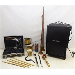  Carlsbro Wanderer Deluxe portable music centre together with microphone and headphones, cased, drum sticks, bongo drums, Aulos recorder, other musical instruments and two copper and brass hunting horns   