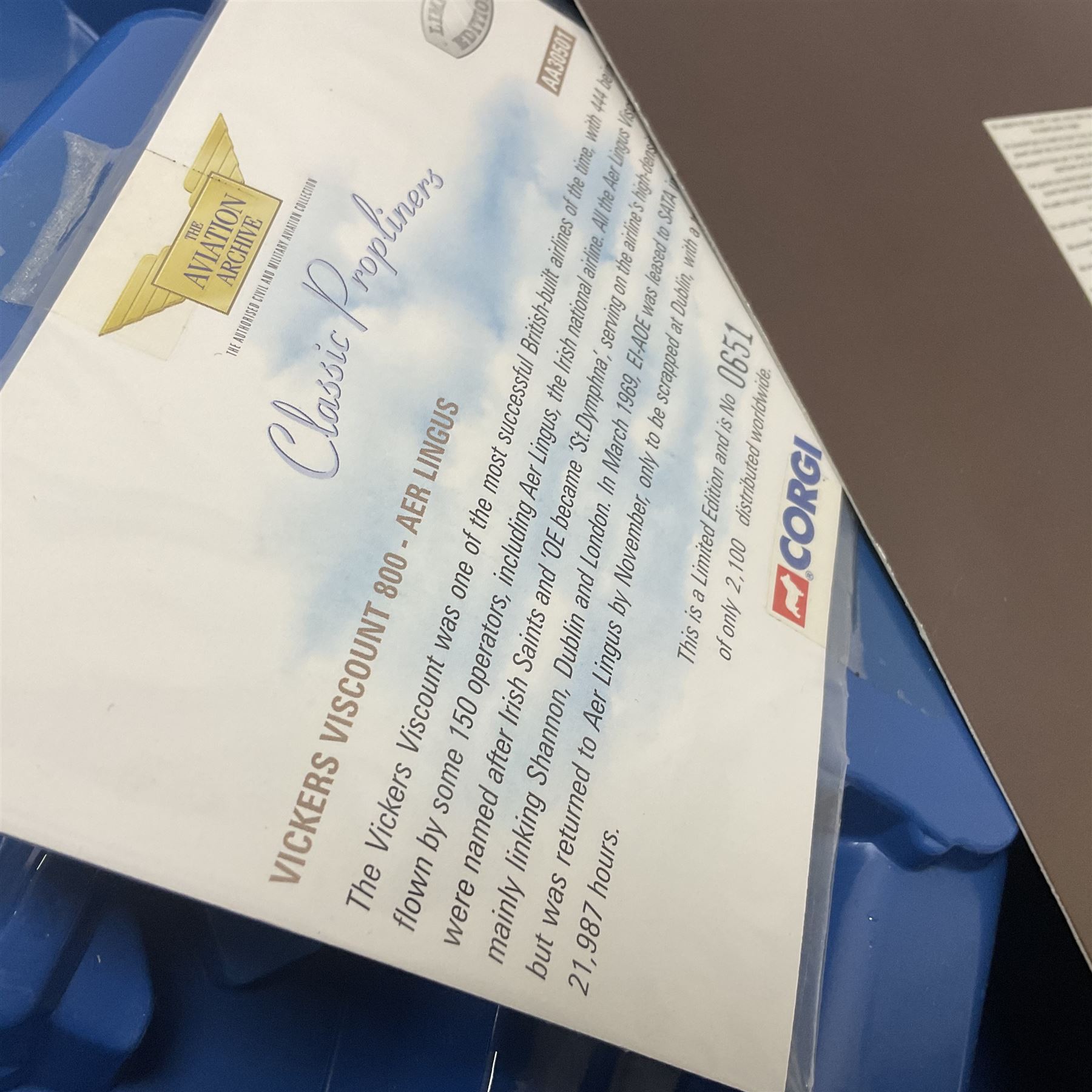 Corgi - Aviation Archive, eleven ‘Classic Propliners’ 1:144 scale models comprising Vickers Viscount models; 47601 700 Series British European Airways; 47602 Parcelforce; 47603 Continental Airlines; 47604 800 Series Lufthansa; 47605 700 Series British Eagle no.391/2900; 47606 806 Virgin Atlantic Airways; 47607 802 British European Airways; 47608 806 British Airways no.985/3000; 47609 836 British Midland Airways no.1530/2500; AA30501 800 Aer Lingus no.651/2100; AA30503 800 British Air Ferries no. 1131/2100; all boxed (11) 