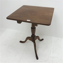 Victorian mahogany pedestal table with square top, single turned column, three supports, W55cm, H72cm, D55cm