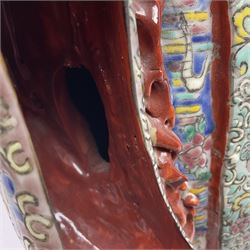 Chinese Republic Period porcelain figure, modelled as Shoulao, wearing elaborately enamelled robes decorated with peaches and flower heads, with impressed mark beneath, H55cm