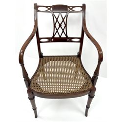 Edwardian inlaid elbow chair, shaped splat, rush weave seat, turned and shaped supports 