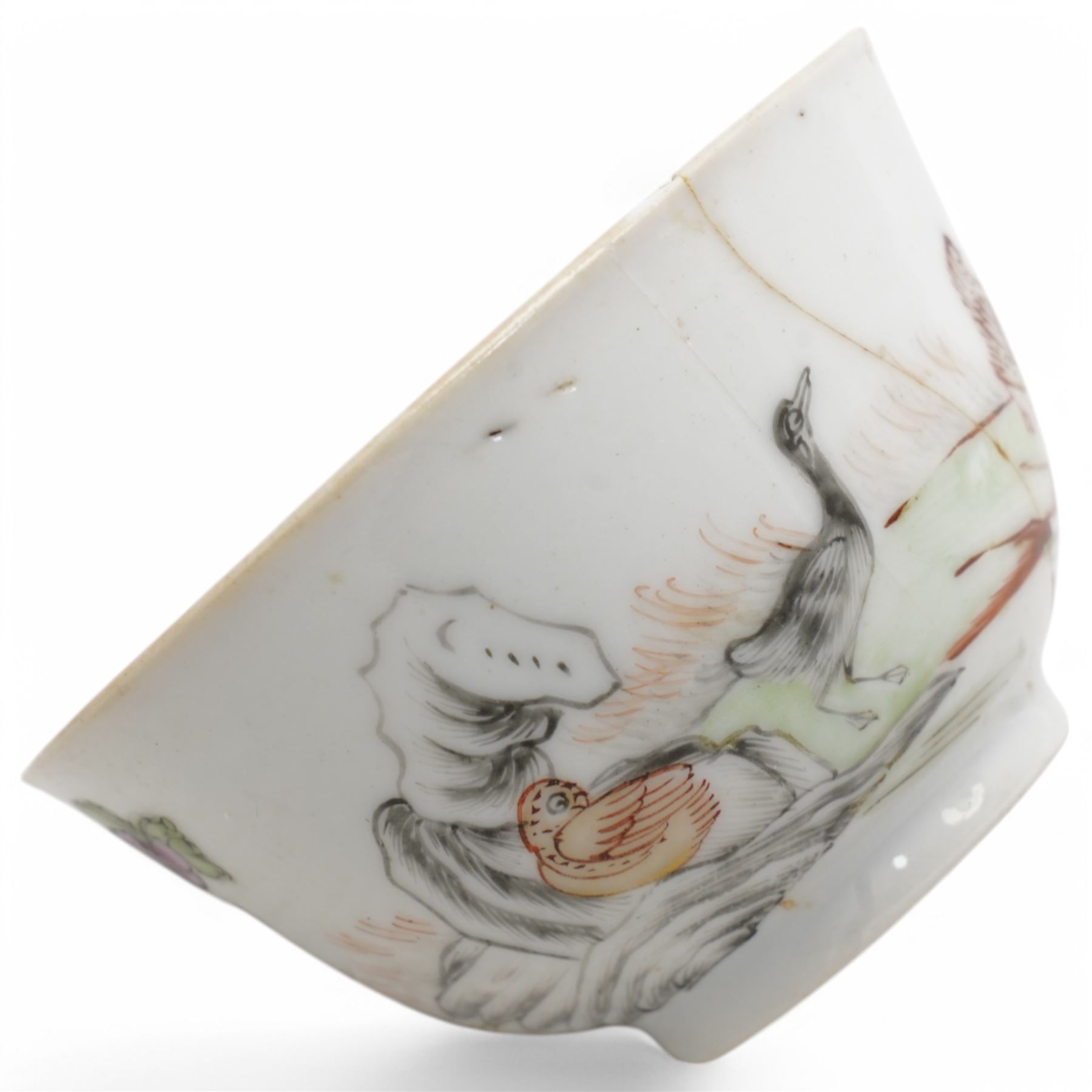 Small 18th century Chinese tea bowl and saucer decorated with ducks in flight and on a river bank, early 19th century Chinese tea pot decorated with landscapes, three small bowls and other Chinese items