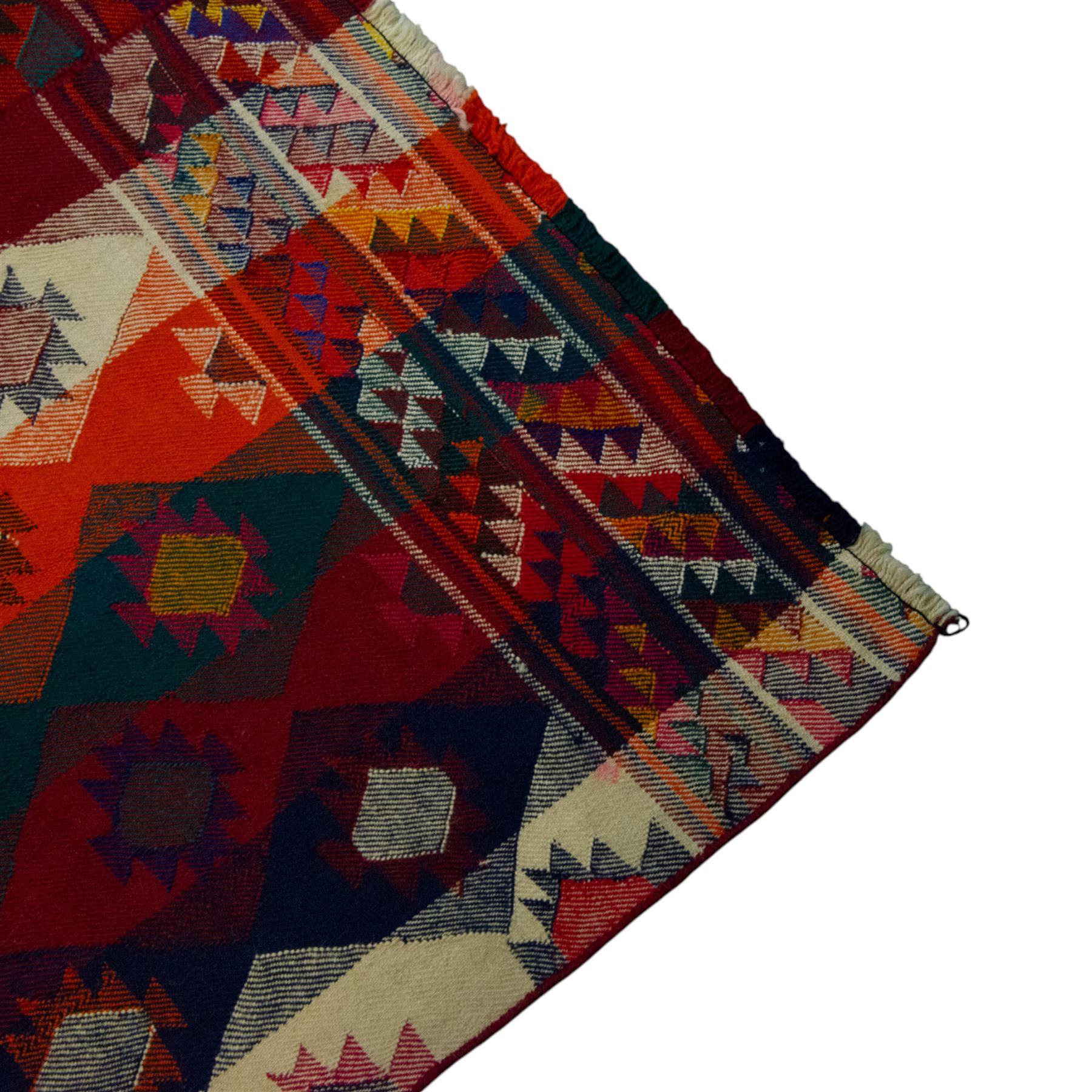 Southwestern Persian Jajim kilim, flat woven in bold bands of crimson, orange, cream, and indigo, decorated with rows of hooked diamond and star motifs 