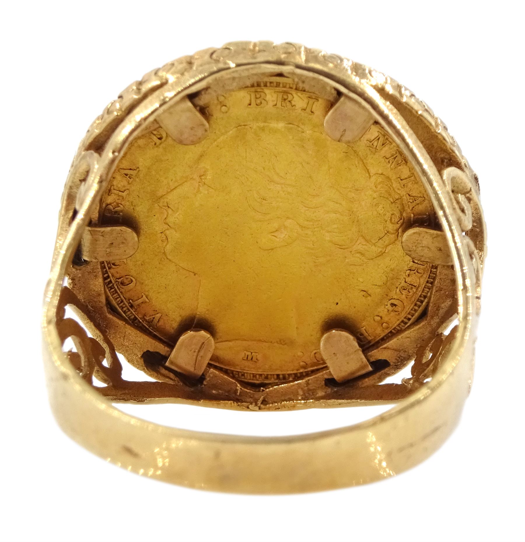 Queen Victoria 1885 full gold sovereign coin, loose mounted in 9ct gold ring, hallmarked