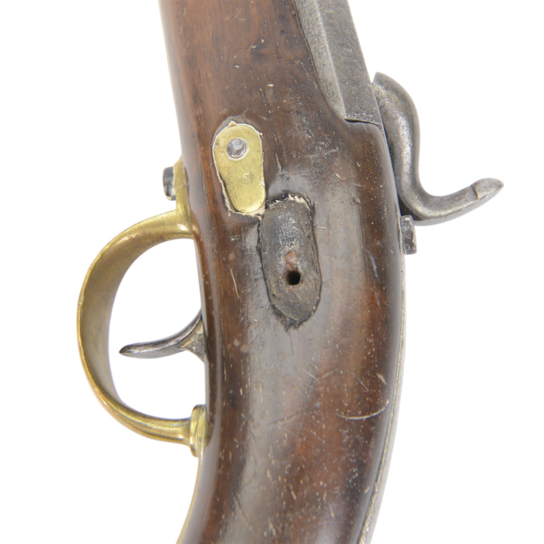 19th century percussion pistol, with round 22cm unsighted barrel with octagonal base, backwards spring lock signed 'PIRLOT FRERES LIEGE'; wooden full stock with brass mounts, belt hook, overall L36cm
