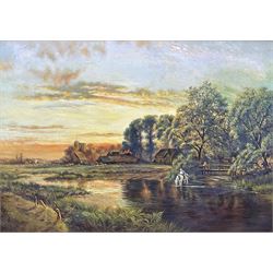 English School (20th century): River Landscape at Sunrise, oil on canvas unsigned 43cm x 60cm