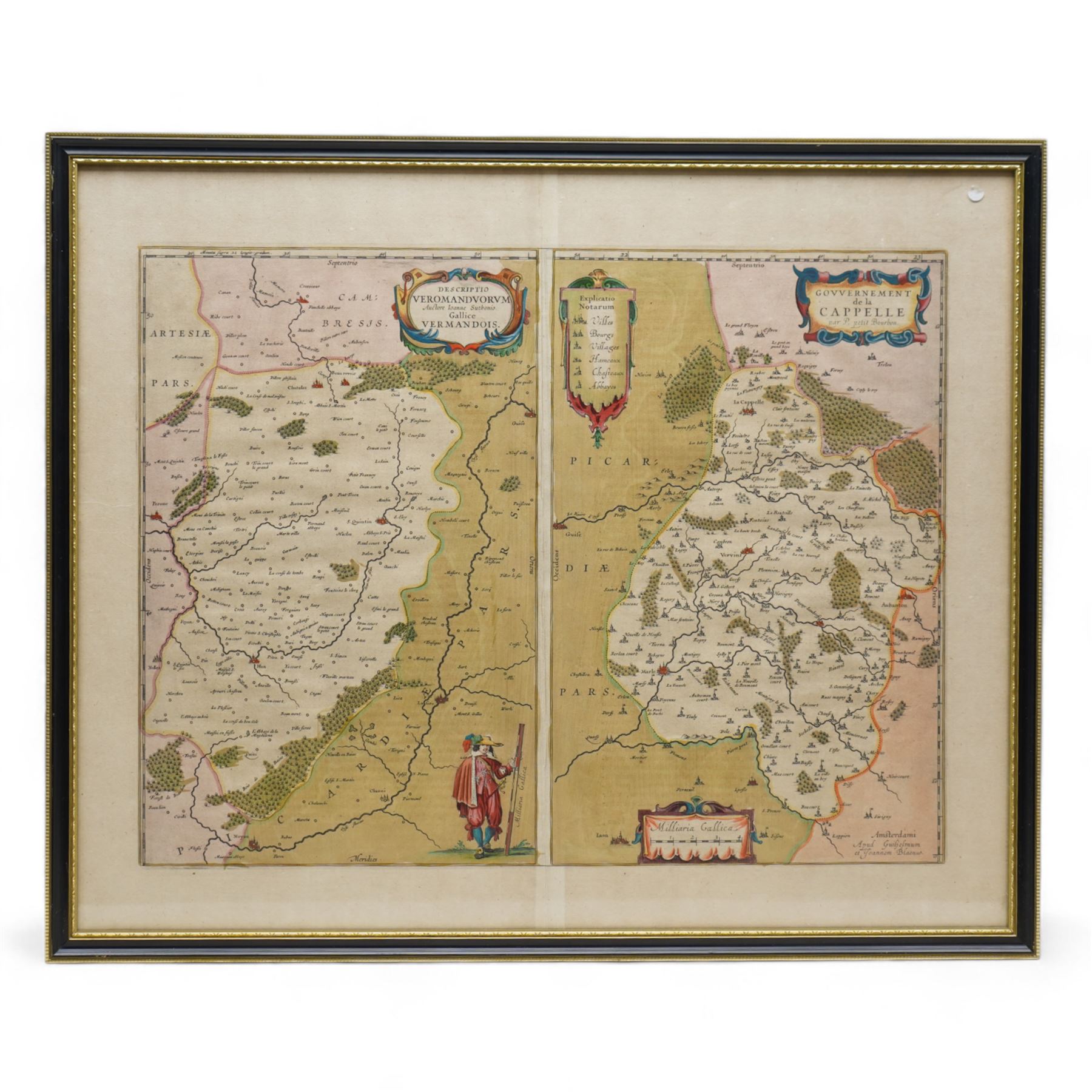 Johannes (Joan) Blaeu (Dutch 1596-1673) and Willem Janszoon Blaeu (Dutch 1571-1667): 'Descriptio Veromanduorum Auctore Joanne Suthonio Gallice Vermandois. Gouvernement de la Cappelle', 17th century engraved map with hand-colouring of France pub. c.1640, 39cm x 59cm