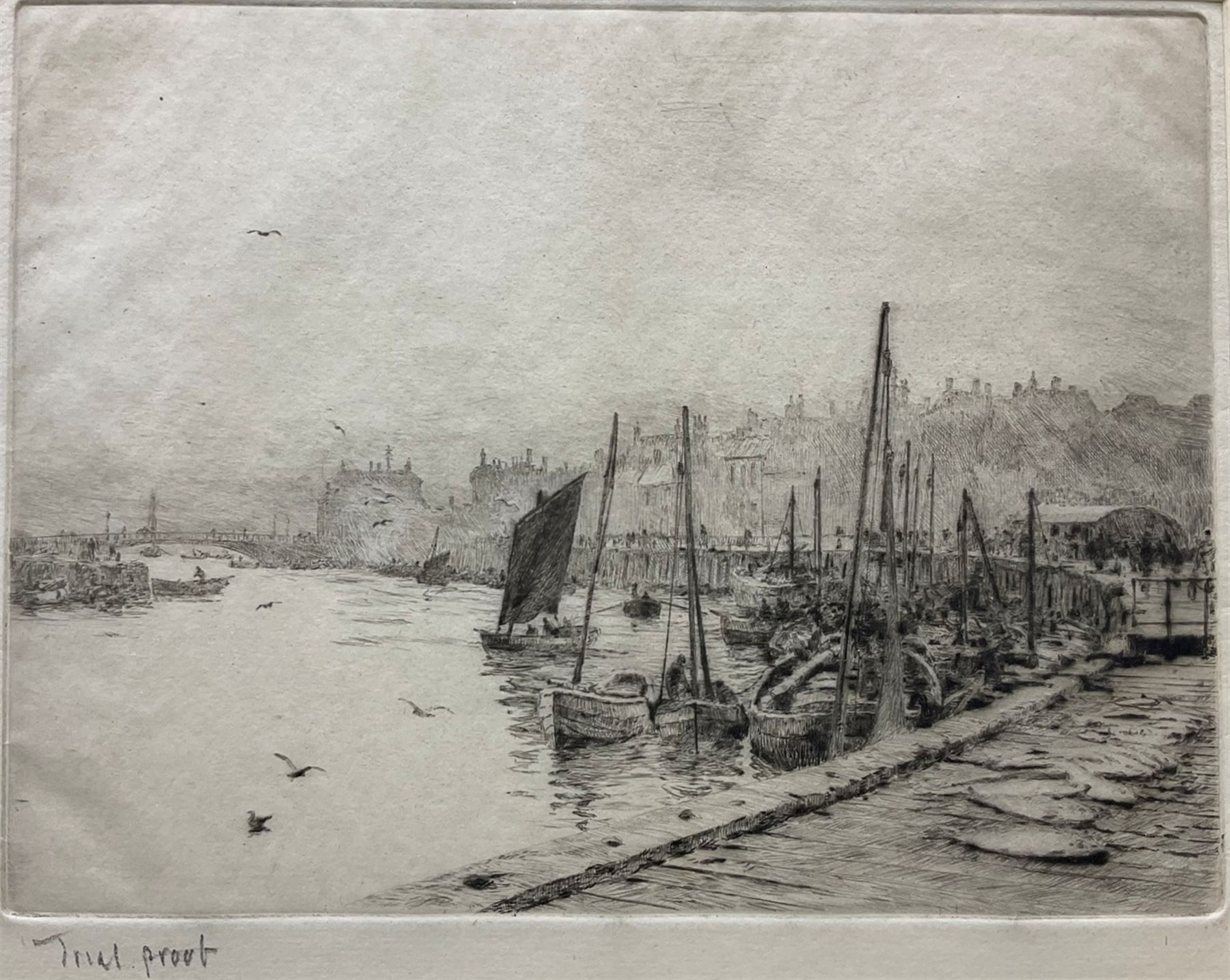 William Lionel Wyllie (British 1851-1931): 'Whitby' - the Fish Market, dry point etching inscribed in pencil 'Trial Proof' 16cm x 20cm
Provenance: with Chris Beetles, St. James's, London, label verso