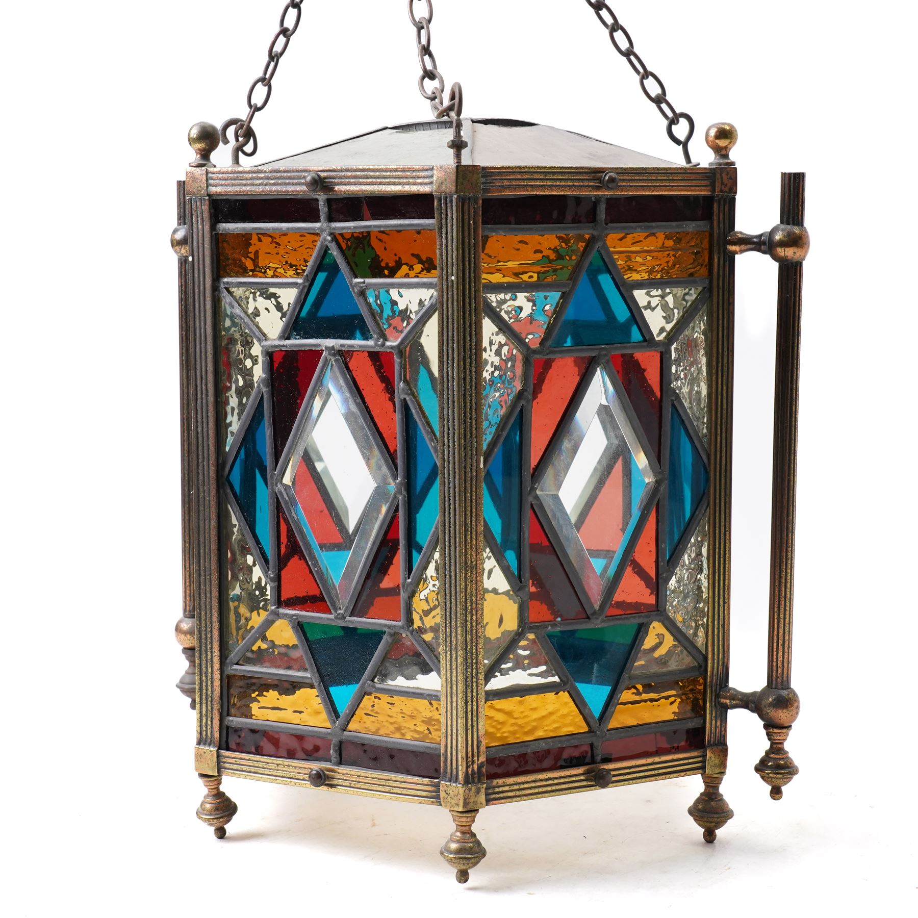 Late Victorian hexagonal brass hall lantern inset with leaded coloured glass panels H34cm