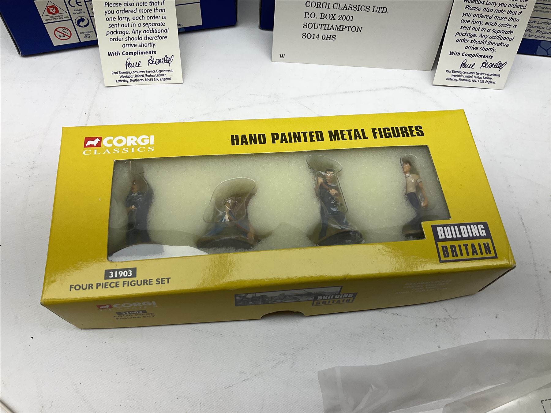 Corgi - four Weetabix promotional models; three Cadburys promotional models; United Dairies limited edition two-vehicle set; AEC limited edition two-vehicle bus set; and five other Corgi die-cast models/figures; all boxed (14)