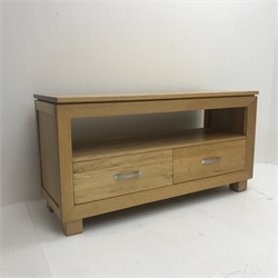  Light oak television stand, single shelf, two drawers, W110cm, H57cm, D41cm  