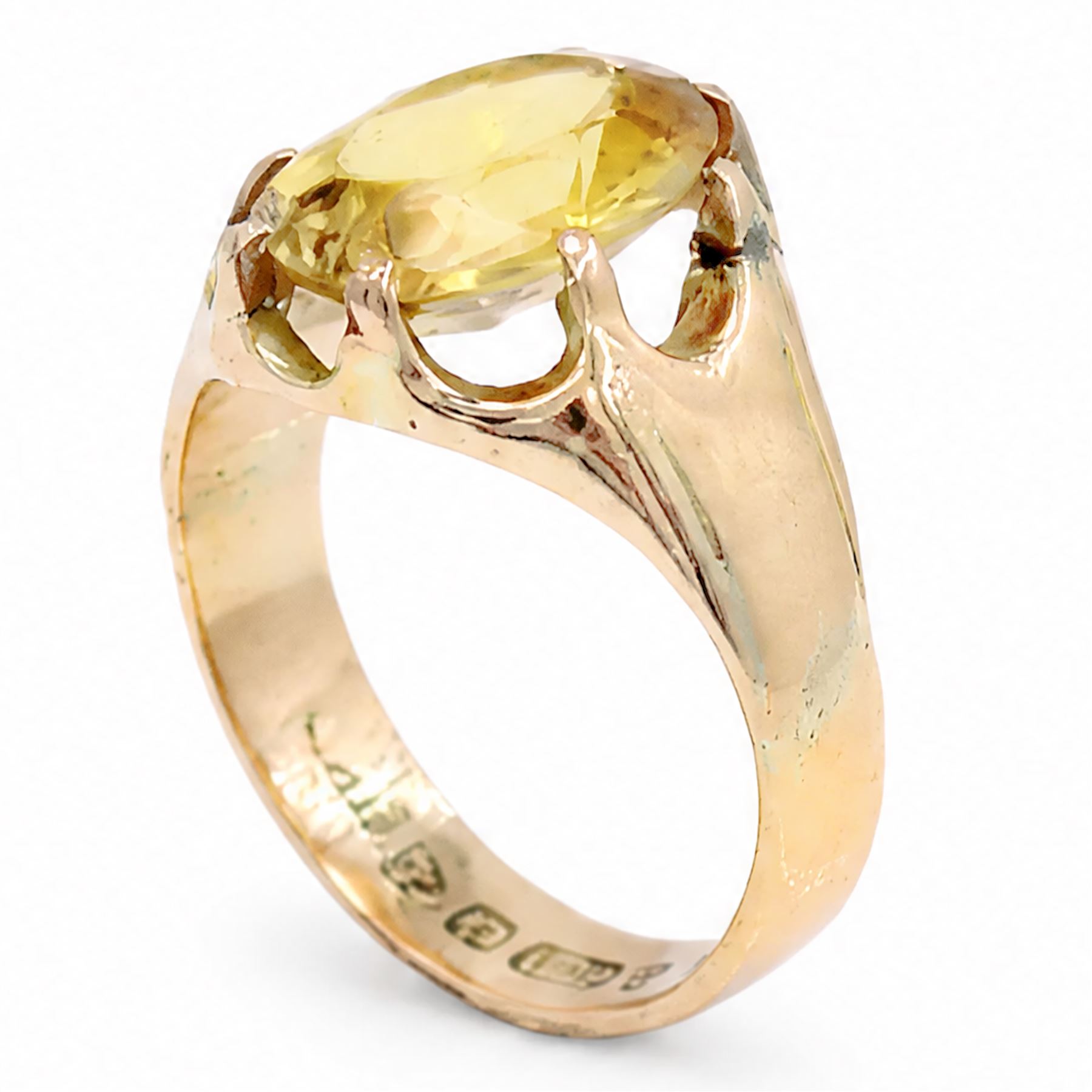 Victorian 15ct rose gold citrine ring, eight claw set with a single oval cut citrine, Chester 1897