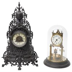 Late 19th century mantel clock with ivorine dial, bell strike, in cast metal case and a 36...