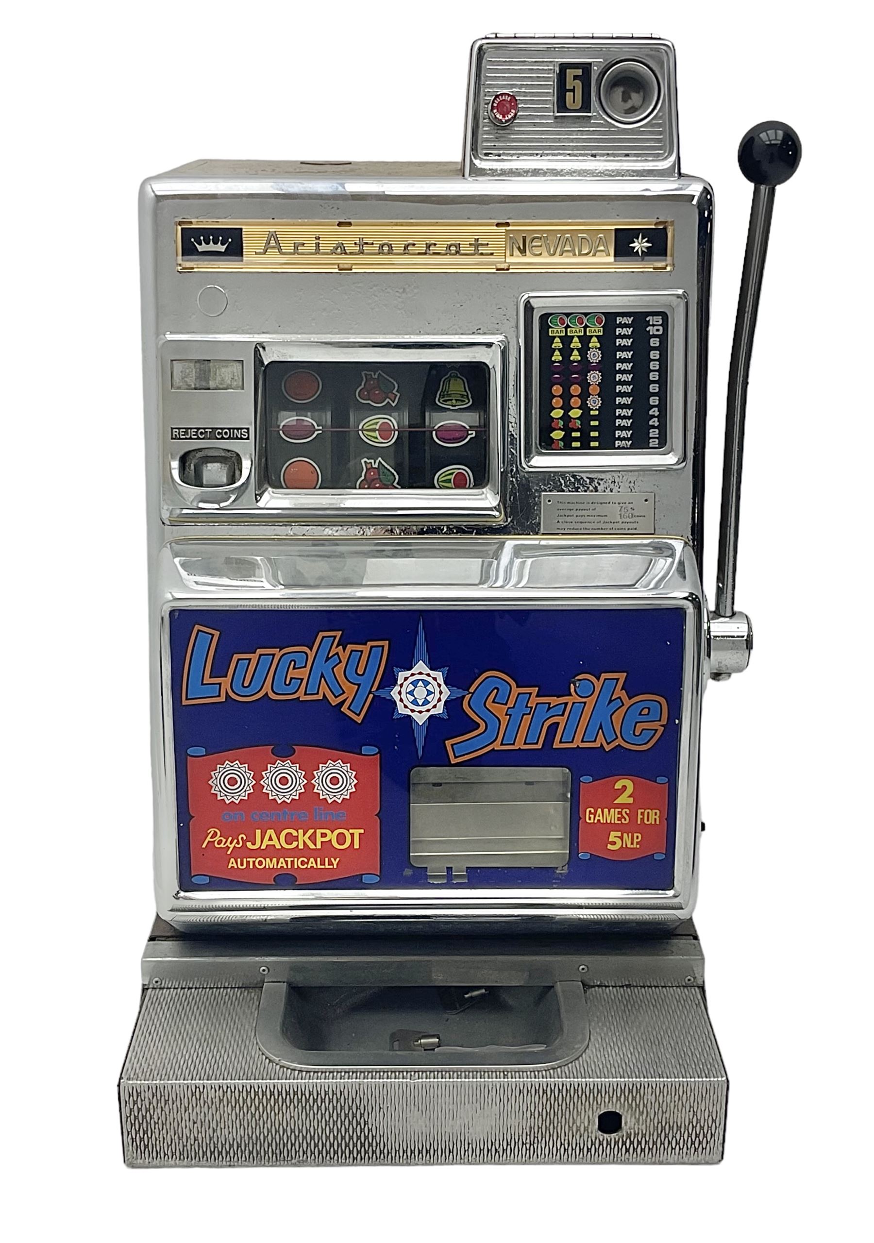 Aristocrat Nevada Lucky Strike one-armed bandit arcade machine, circa 1964, light-up display in aluminium and stainless steel case, with keys, H72cm 