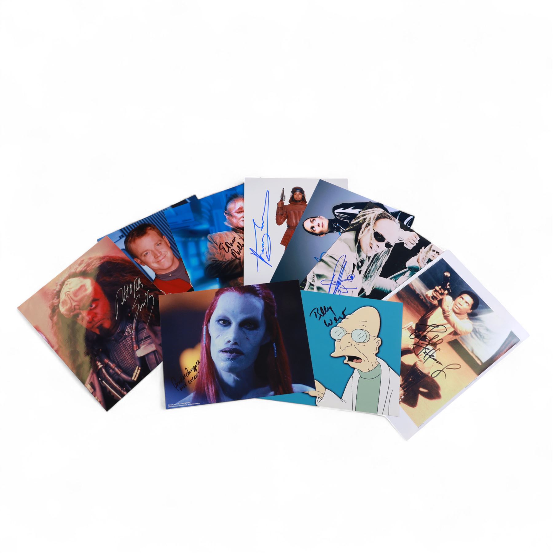 Collection of signed stills and promotional photographs, mostly Sci-Fi TV and film related, including Andy Serkis, Warwick Davis, James Earl Jones, Leroy James, Leonard Nimoy, Billy West, Robert Vaughn, Shane Rimmer, Ethan Phillips etc, all with certificates of authenticity, contained within dark green album