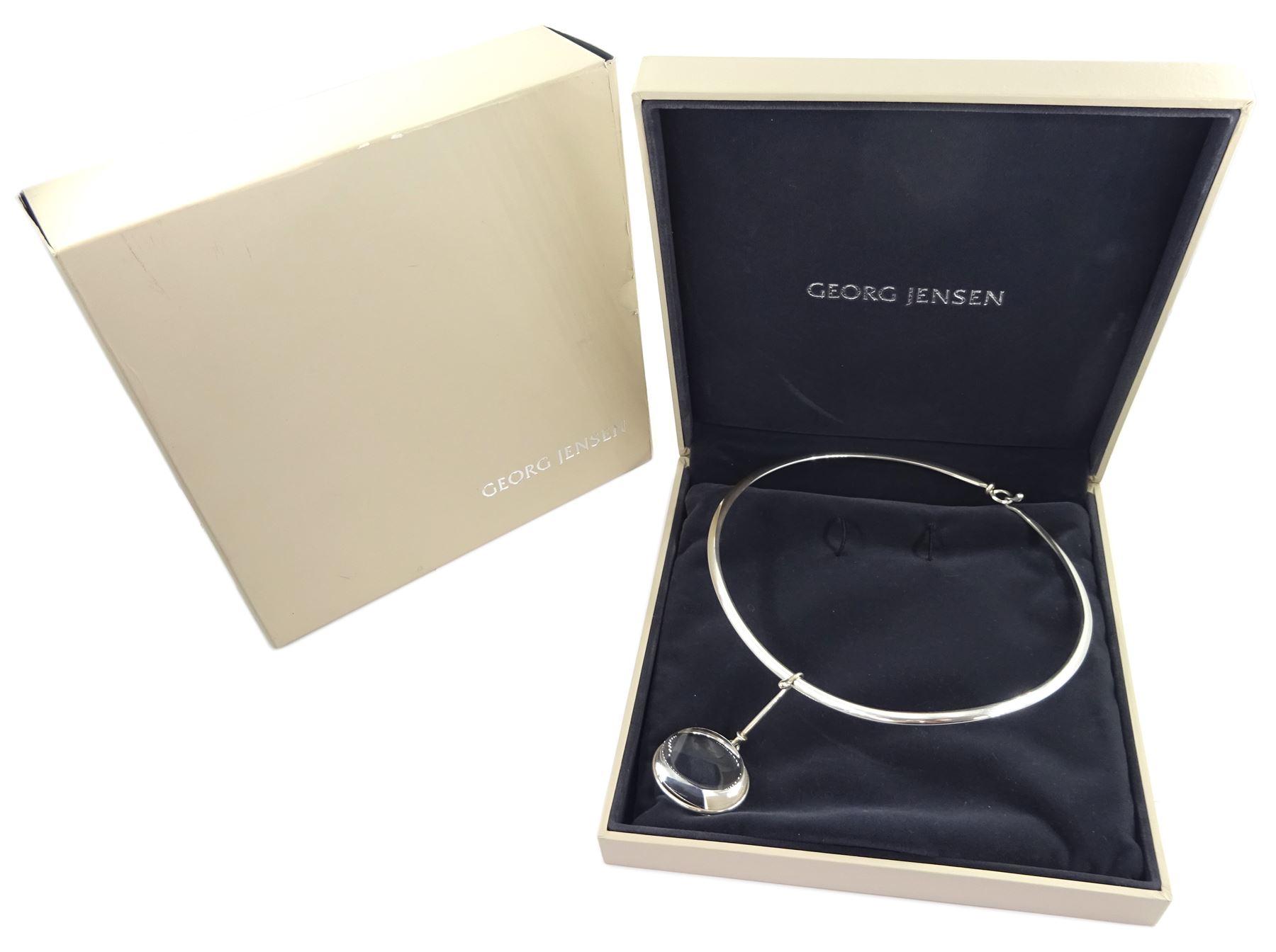 Georg Jensen silver 'Dew Drop' rock crystal pendant necklace designed by Vivianna Torun Bülow-Hübe, pendant No. 311C, on silver collar, No. 410, boxed