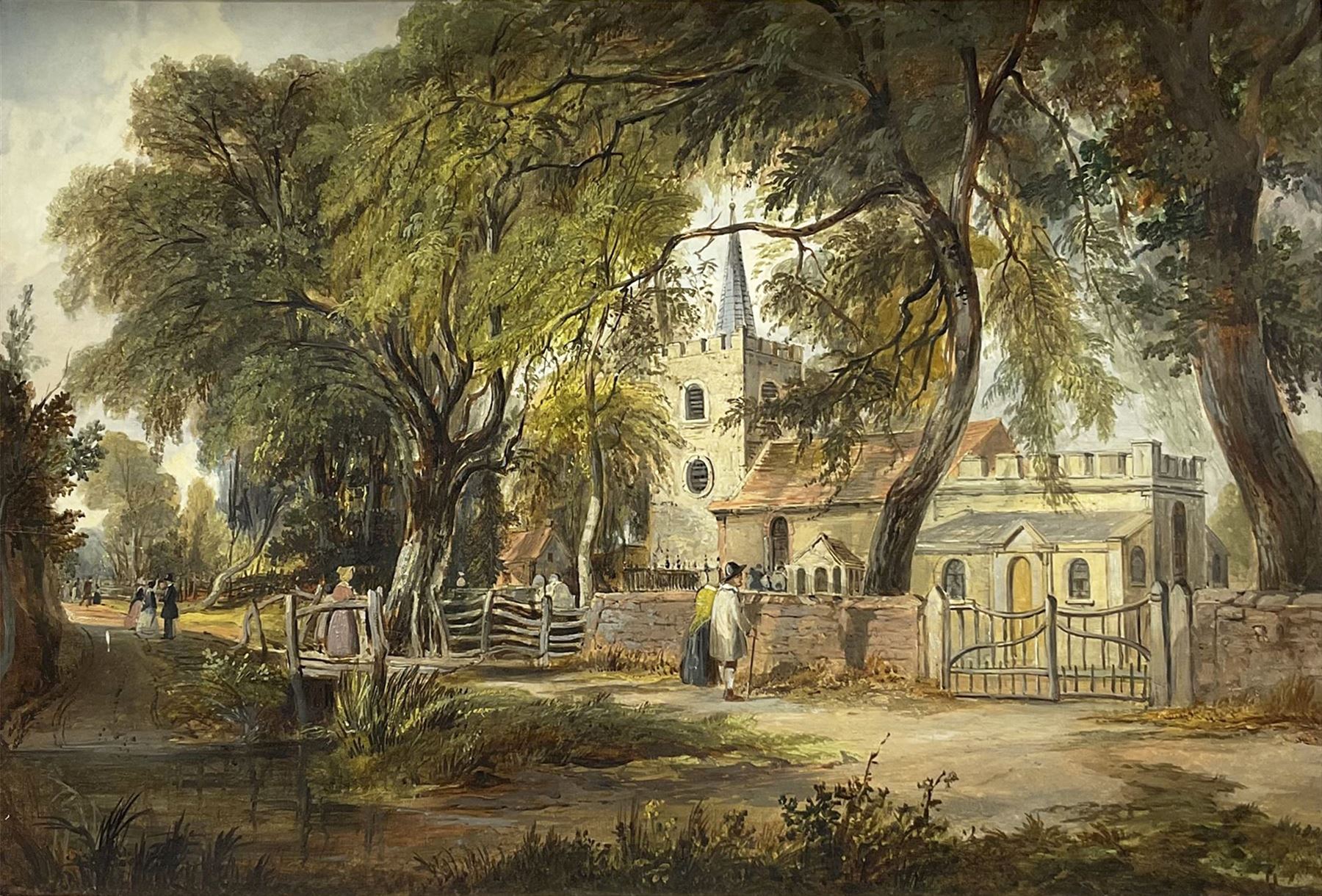 English School (19th Century): Country Church, oil on canvas unsigned 32cm x 46cm