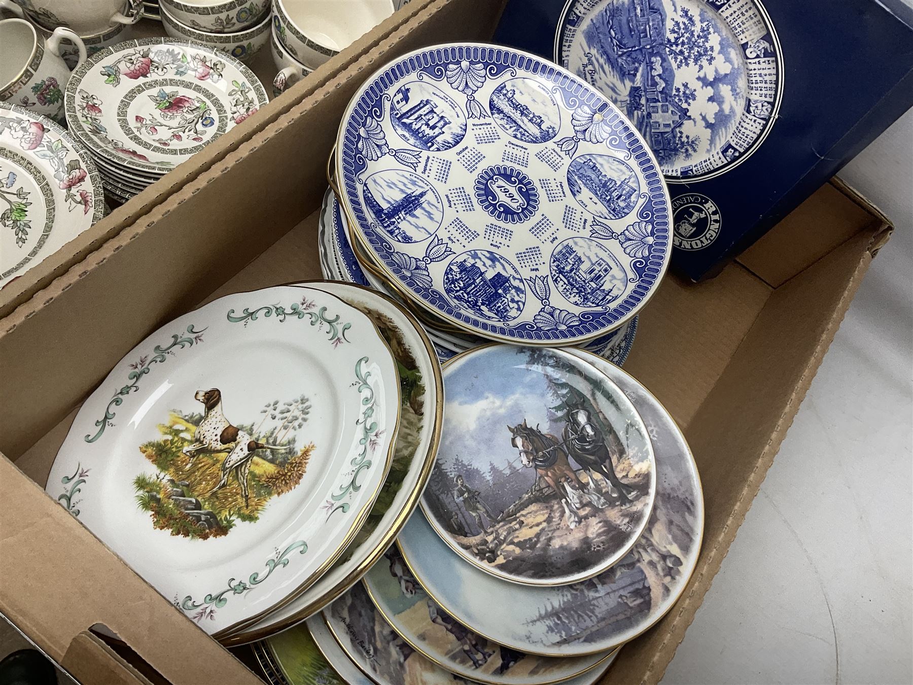 Maling Maltese pattern part dinner wares, including dinner plates, tureens, side plates etc, together with Pyrex dinner wares, decorated in flying duck pattern, Johnson Bros Indian Tree pattern tea and dinner wares and a collection of decorative and calendar plates, etc, in six boxes 