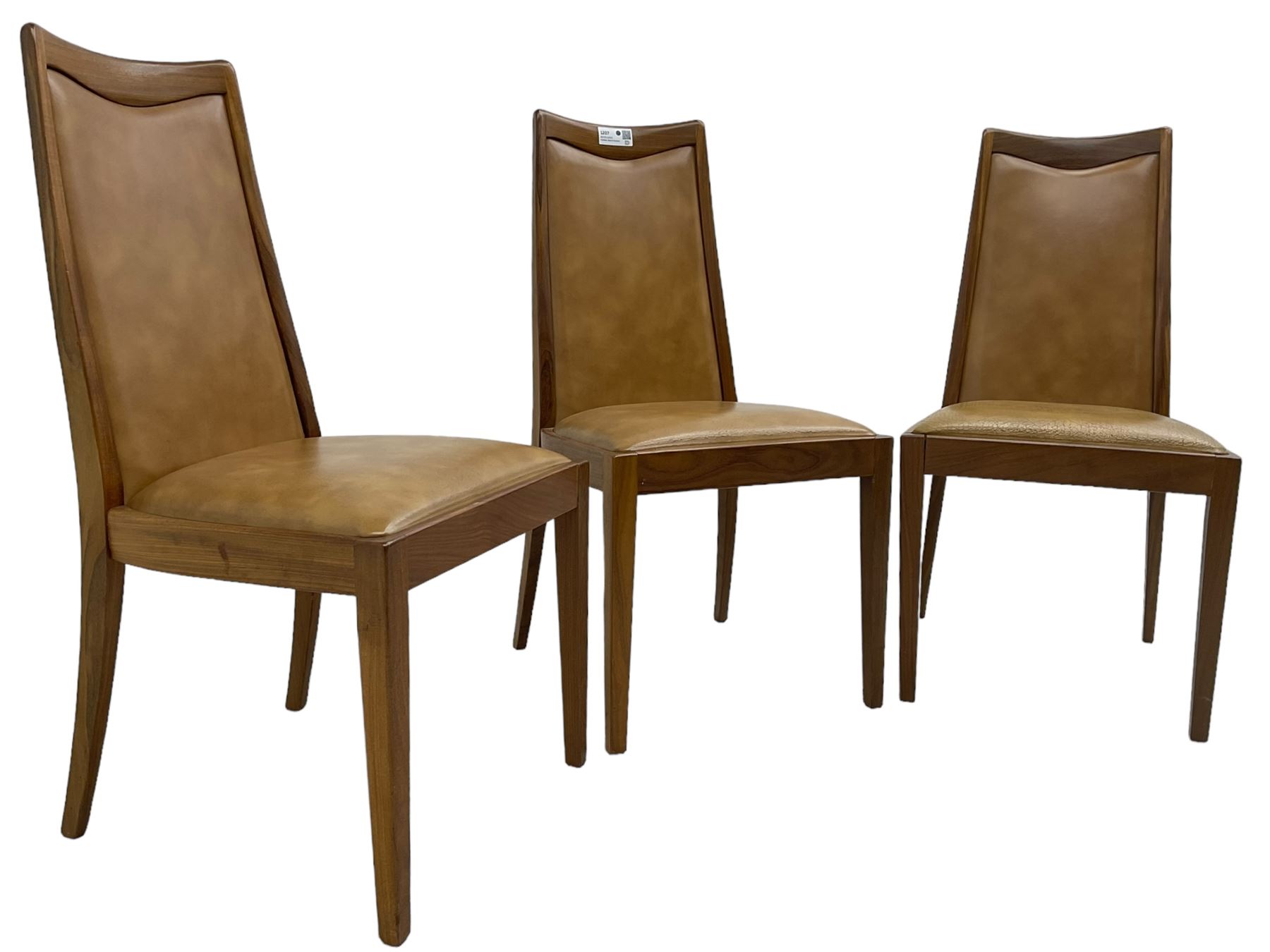 G-Plan - set of six mid-20th century teak 'Fresco' dining chairs, high back and seat upholstered in tan faux leather, on square tapering supports