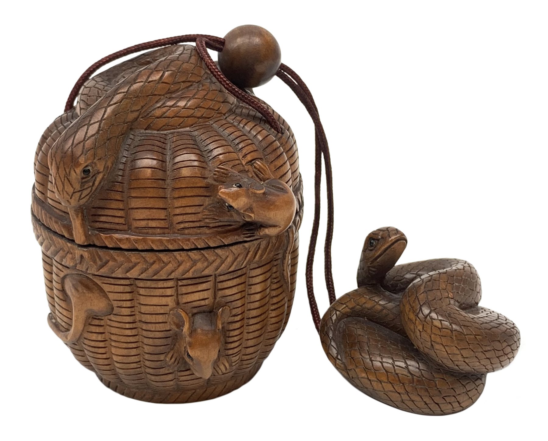 Japanese Meiji carved wooden inro, modelled as a basket with snake and rats climbing over, with snake carved netsuke and ojime bead, H8cm  
