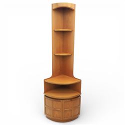 Nathan - teak corner cabinet, the upper section with moulded cornice and two fixed shaped ...