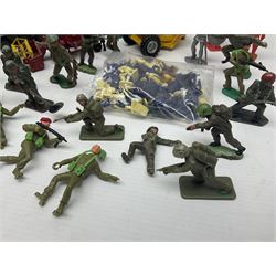 Various makers - unboxed and playworn die-cast models including Dinky Thornycroft Mighty Antar Tank Transporter No.660 and Centurion Tank No.651, other military and farm vehicles; and quantity of loose plastic soldiers and other figures by Crescent, Britains etc