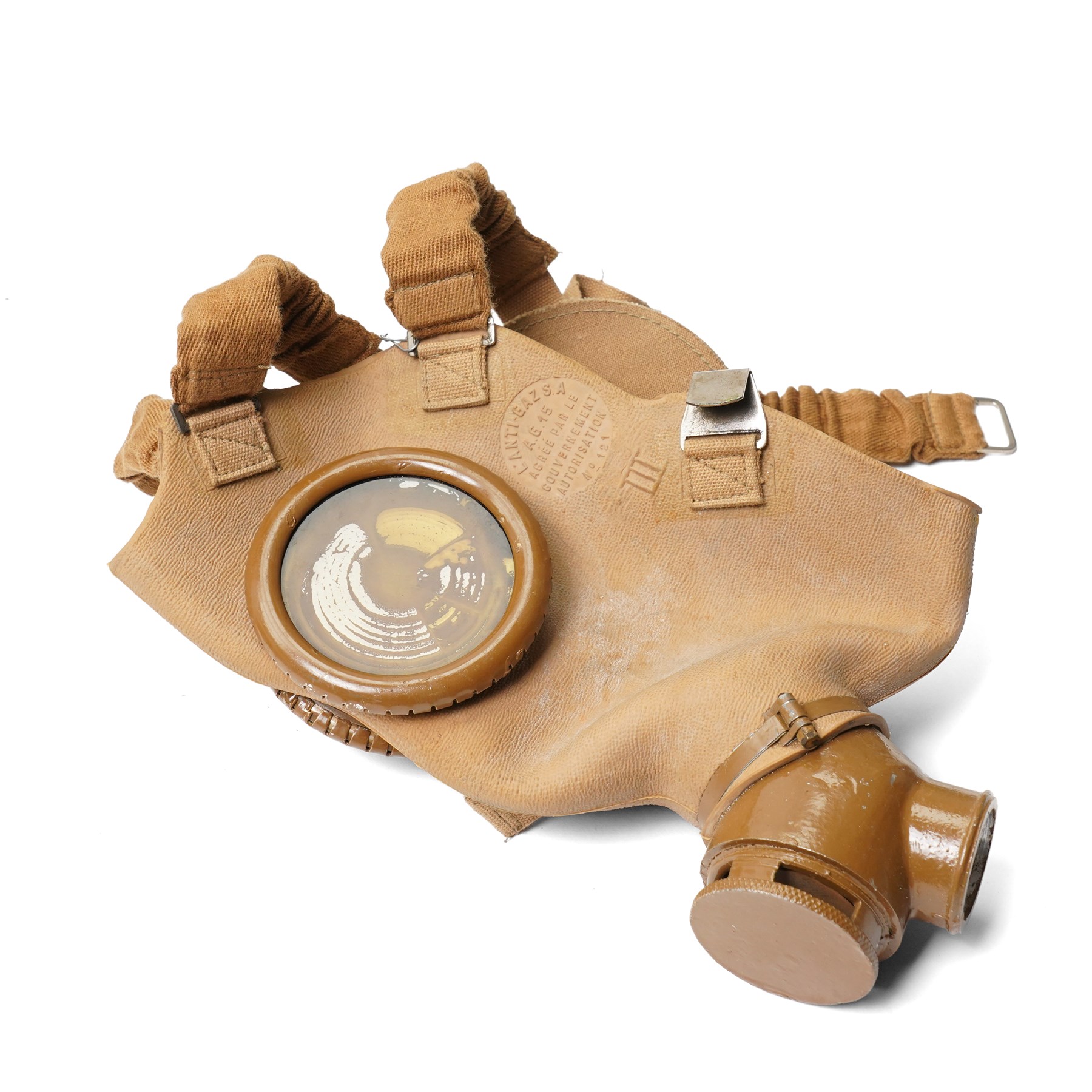 British military leather cordite shot carrier with coat of arms H52cm, Zuckerman Civil Defence helmet with liner and inscribed H.F.P. (Head of Fire Party),  and two gas masks