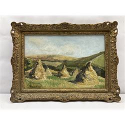 Elaine Belfrage (Scottish exh.1937-1939): Hay Stooks in rolling Landscape, impasto oil on canvas signed 29cm x 44cm