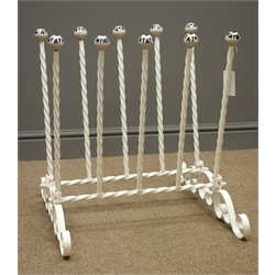  White finish wrought iron boot rack, rope twist and scrolled metal work, W54cm, H56cm, D53cm  