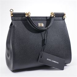 Dolce & Gabbana - 'Sicily Clock’ Medium Bag, from the Fairytale collection (Autumn/Winter 2016), in structured black textured leather, the front elaborately applied with a jewelled clock-face motif and floral embellishments, with top handle and detachable shoulder or crossbody strap, a limited production piece, unused with original box and dust bag