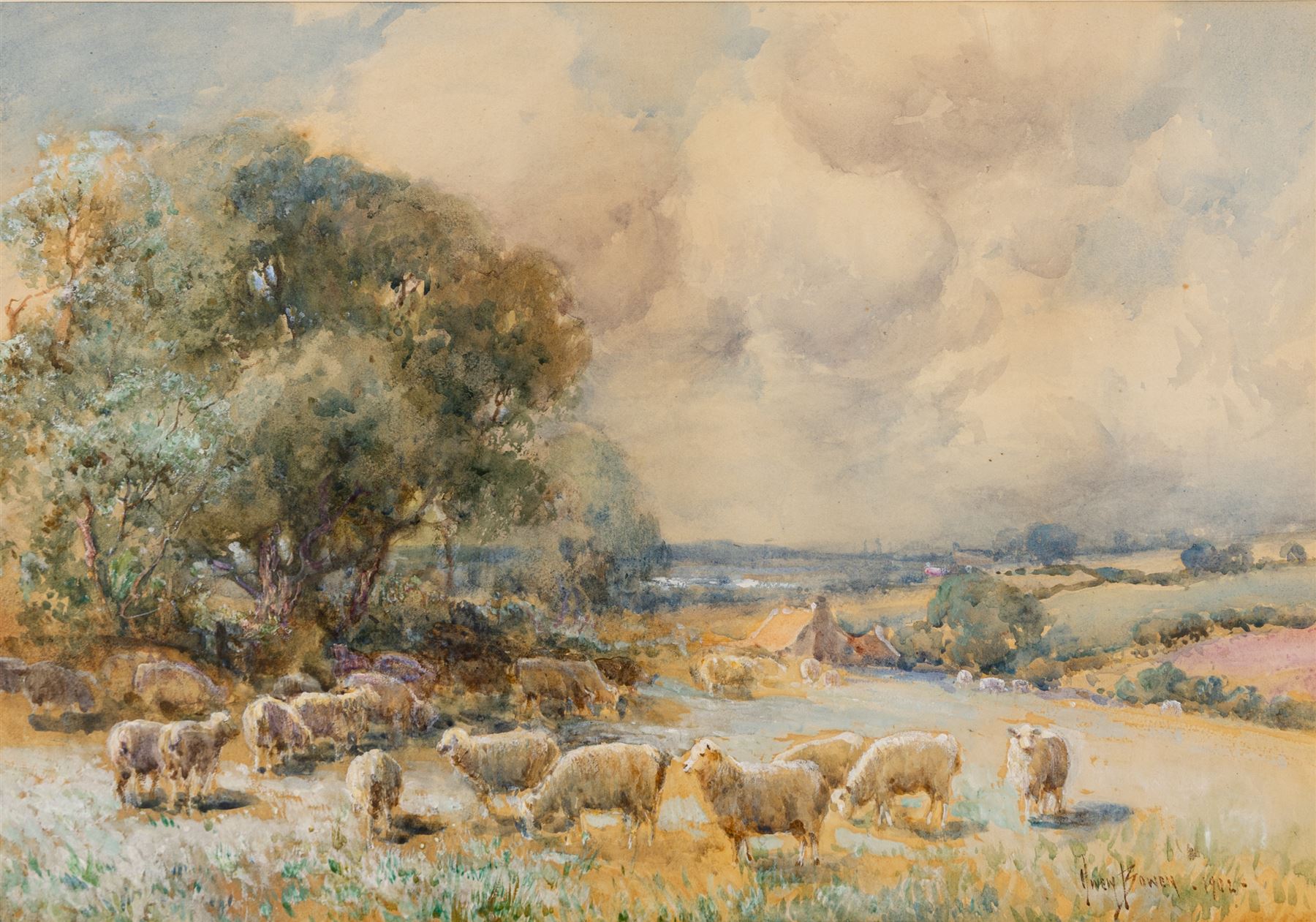 Owen Bowen (Staithes Group 1873-1967): Sheep Grazing, watercolour heightened in white signed and dated 1902, 37.5cm x 54cm 
Provenance: private collection, purchased David Duggleby Ltd 23rd March 2018 Lot 189
