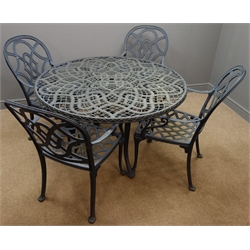  Black finish circular wrought metal garden table with four matching armchairs, D125cm, H74cm  