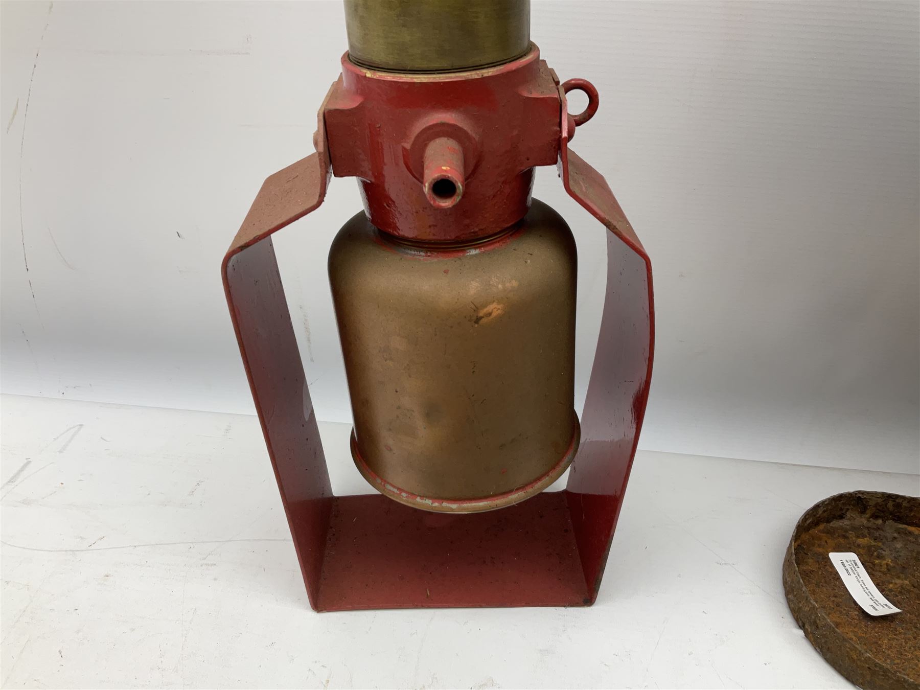 Blue and red painted gas powered bird / pest scarer, bearing label 'Exid bird & pest scarer, imported by C.R.E.A.C.O Hadleigh, Essex', , copper and brass Cymag gas hand pump, three eel spears and a set of badger tongs. Auctioneer's Note: These traps are sold as artefacts for ornamental purposes only as the use of some of them is illegal.