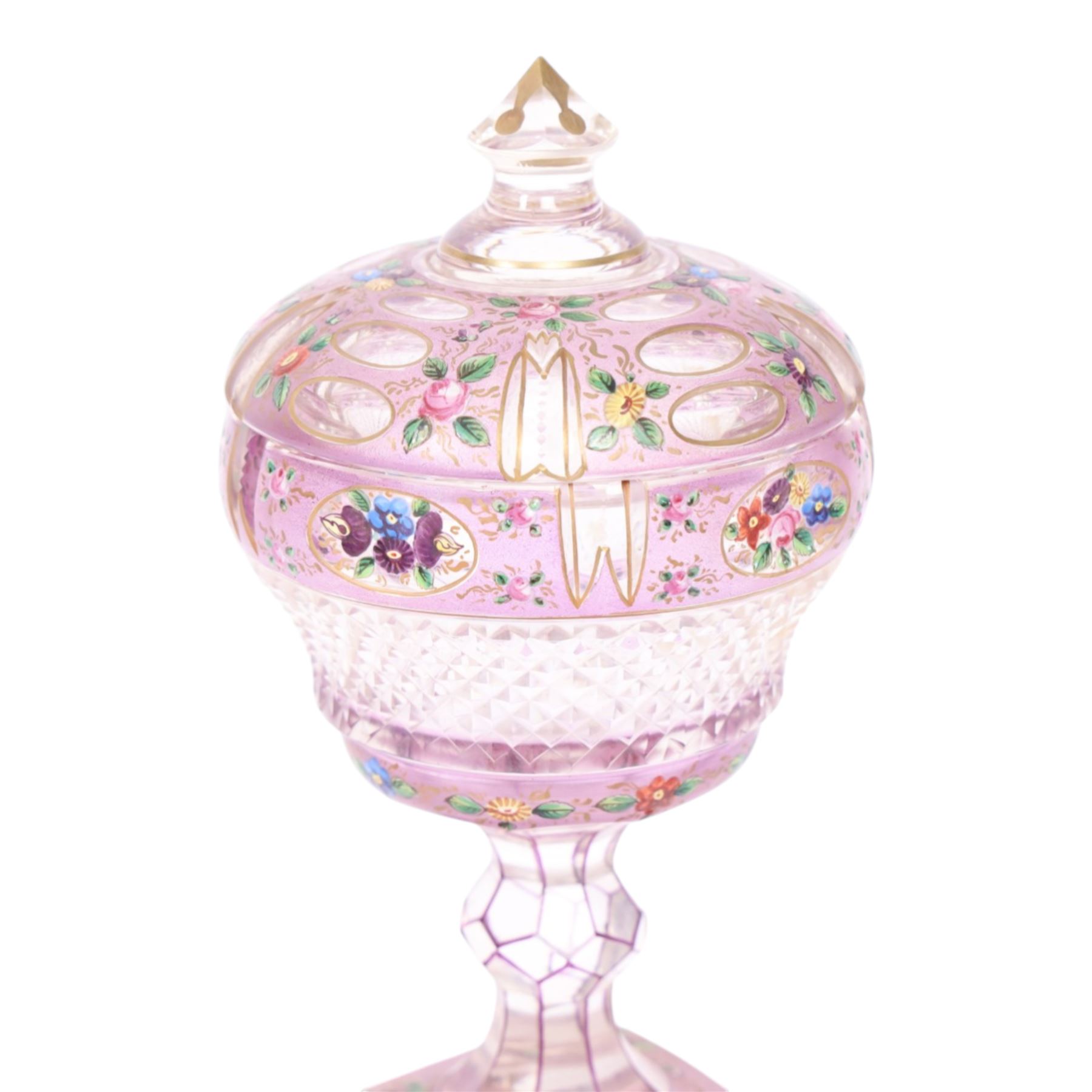 Victorian glass bon bon dish and cover, decorated with hand painted flowers and gilt detail, upon a knopped stem and square base, H22cm