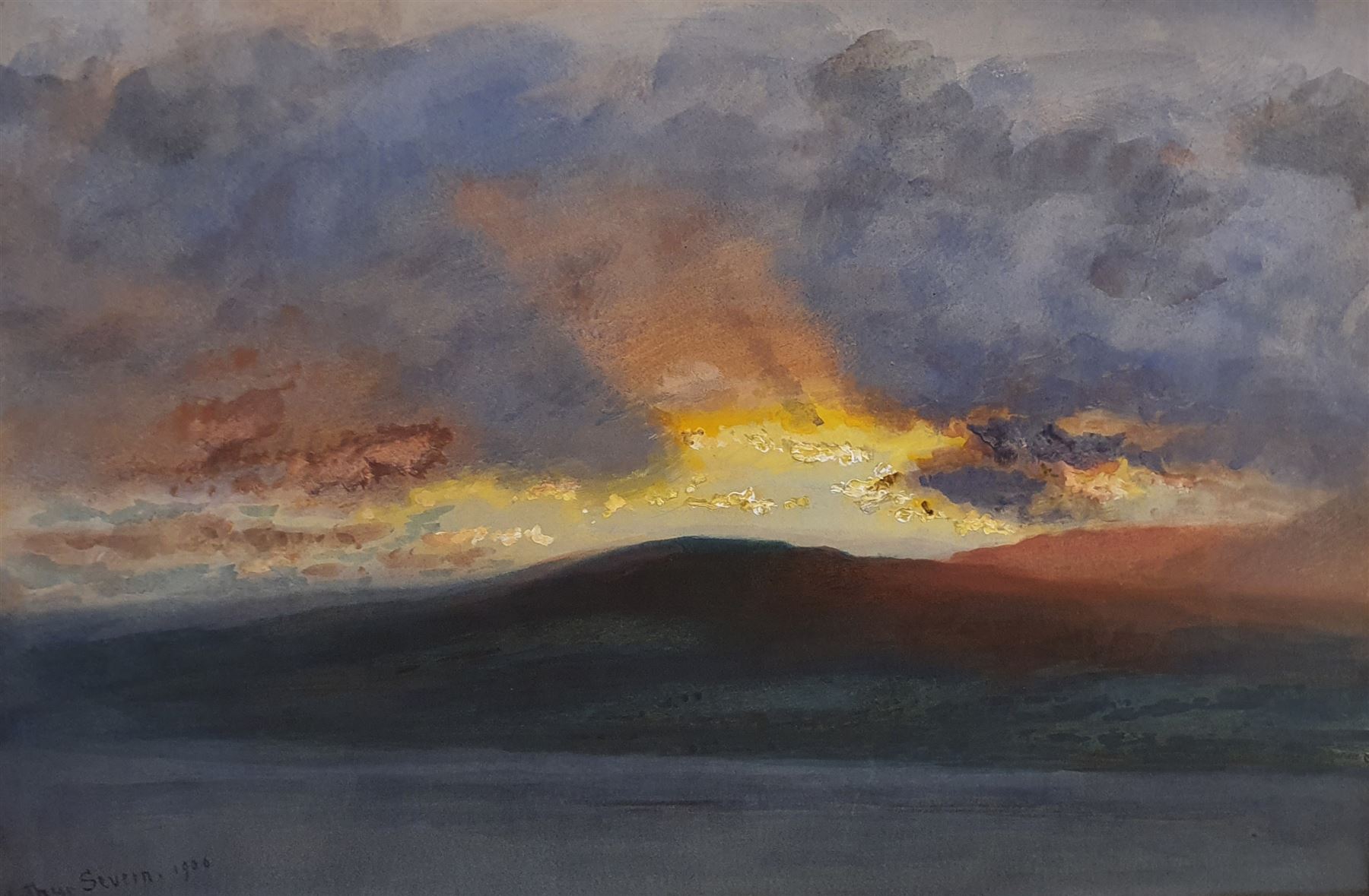Joseph Arthur Palliser Severn RI ROI (British 1842-1931): 'Sun Effect over Walna Scar Coniston', gouache signed and dated 1906, titled on exhibition label verso 35cm x 52cm 
Provenance: exh. Royal Institute of Painters in Water Colours, label verso 
Notes: Arthur Severn came from a prominent artistic family, with his father Joseph, brother Walter and sister Mary also being painters. He was a good friend of the art critic John Ruskin, marrying his niece Joan Ruskin Agnew in 1871. From 1881 Joan and Arthur joined Ruskin at his house 'Brantwood' on Coniston Water, near where the present work was painted, for the last thirty years of Ruskin's life; the house was left to the Severns on Ruskin's death in 1900.