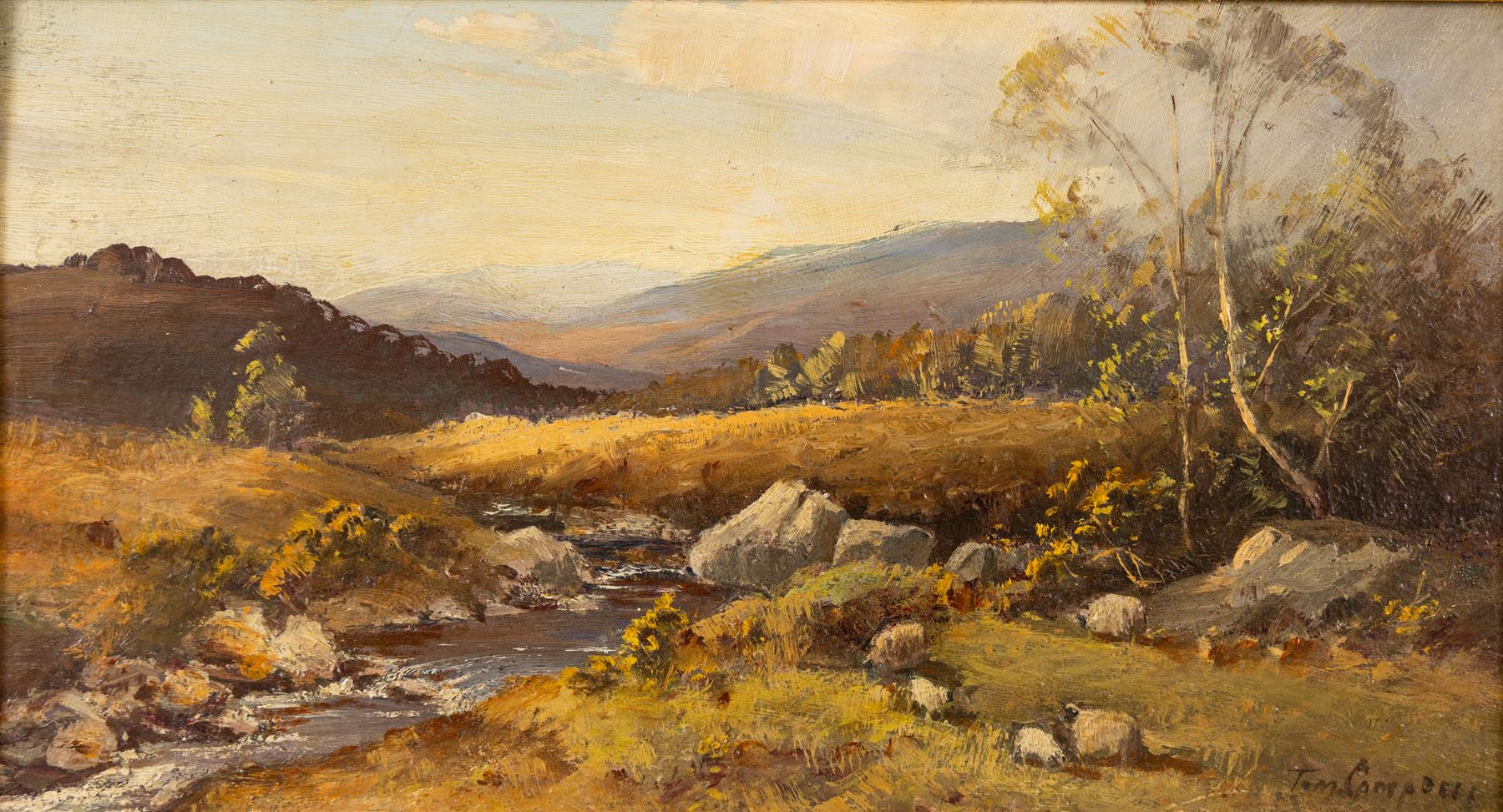 Tom Campbell (British 1865-1943): Hillside Landscape with Flowing River, oil on wood panel signed 24cm x 44cm