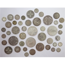  Collection of Queen Anne and later pre 1920 coins including Anne crown (very worn, date illegible), George II 1758 shilling, George III halfcrowns 1816 and 1818, George IV 1826 shilling, Queen Victoria Gothic florins, shillings 1866 and 1873, double florins 1887, 1888 and 1889 etc  