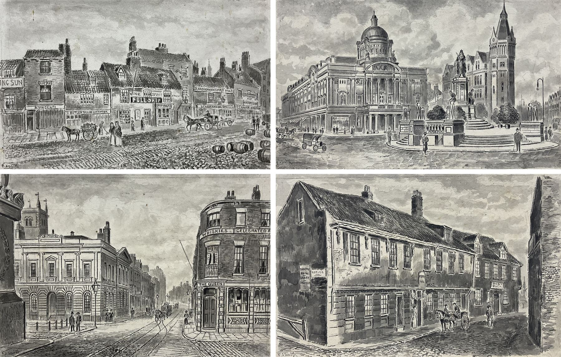 Frederick Schultz Smith (Hull 1860-1925): Hull Views, four monochrome watercolours and ink signed, max 14cm x 24cm (4) (unframed) 
Notes: Born in Worthing, Sussex in 1860, F S Smith came to Hull as a small child and lived most of his life in the old St. John's Wood area in west Hull; he was still drawing in his sixties shortly before his death in 1925. Much like his near contemporary and fellow Yorkshire artist Albert Thomas Pile (1882-1981), his drawings are visual 'snapshots' in time, often produced to record buildings that were due to be demolished. Smith was commissioned to produce around three hundred drawings for C E Fewster, a paint maker in Hull who collected historical records. Some were also used as illustrations in books and newspapers, such as the Eastern Morning News, whilst others were sold to the owners of premises which he had drawn.