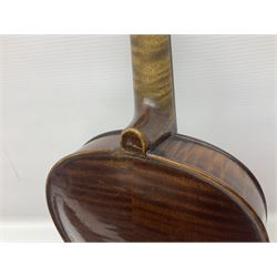 German trade violin in the Steiner style c1900 with 35.5cm two-piece maple back and ribs and spruce top L59cm overall; in fitted carrying case with two bows; and a Saxony violin with 35.5cm one-piece maple back and ribs and spruce top L58.5cm overall (2)