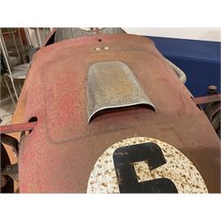 Tri-ang pressed steel Grand Prix Vanwall child’s pedal racing car, English 1960s, finished in red with racing No.3, original white plastic steering wheel, metal bucket seat, bonnet air intake, chrome plated side exhaust, chrome spoked wheels with chrome plated spinners, black solid rubber tyres L121cm W53cm H46cm)